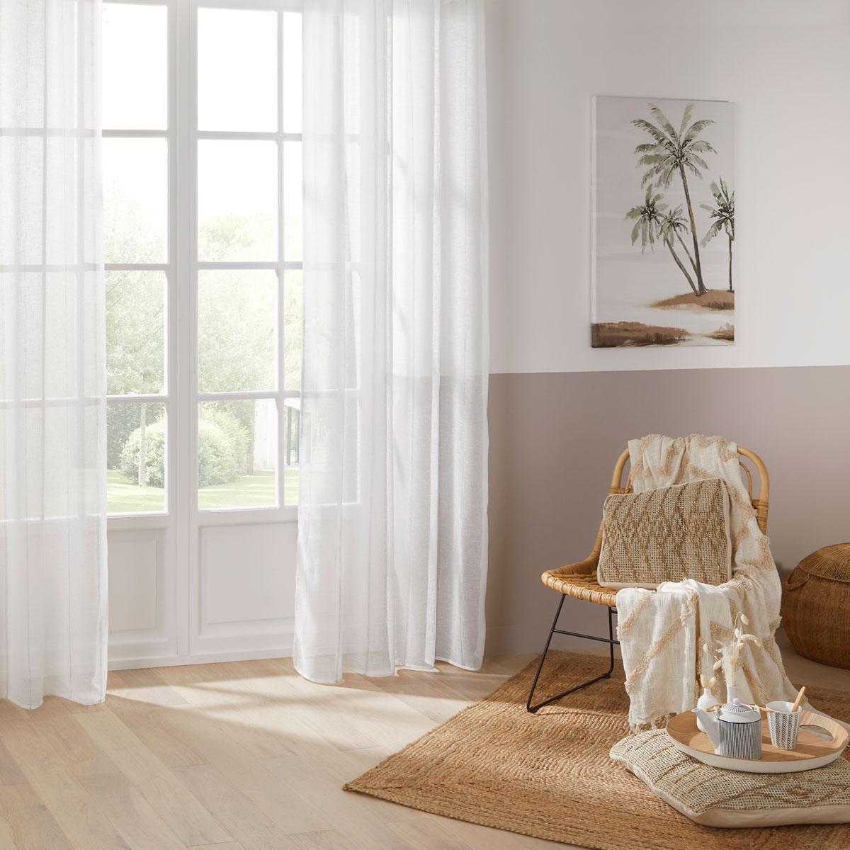 Cortina nata branca com riscas bege 140x240cm