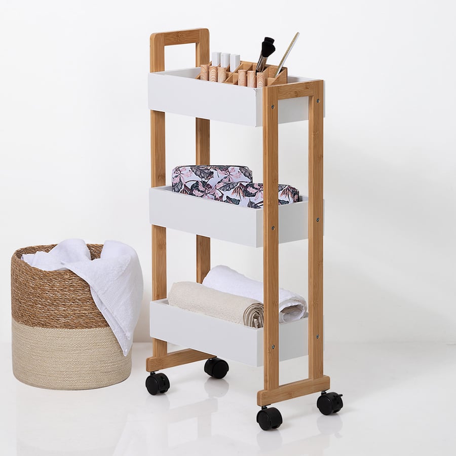M&oacute;vel de apoio branco em bambu com 3 prateleiras