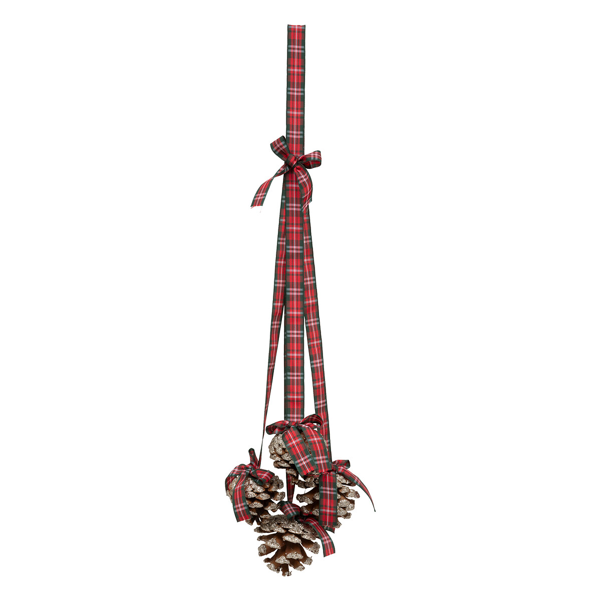 Pendurante de fitas em padr&atilde;o xadrez com pinhas 10x5x45cm