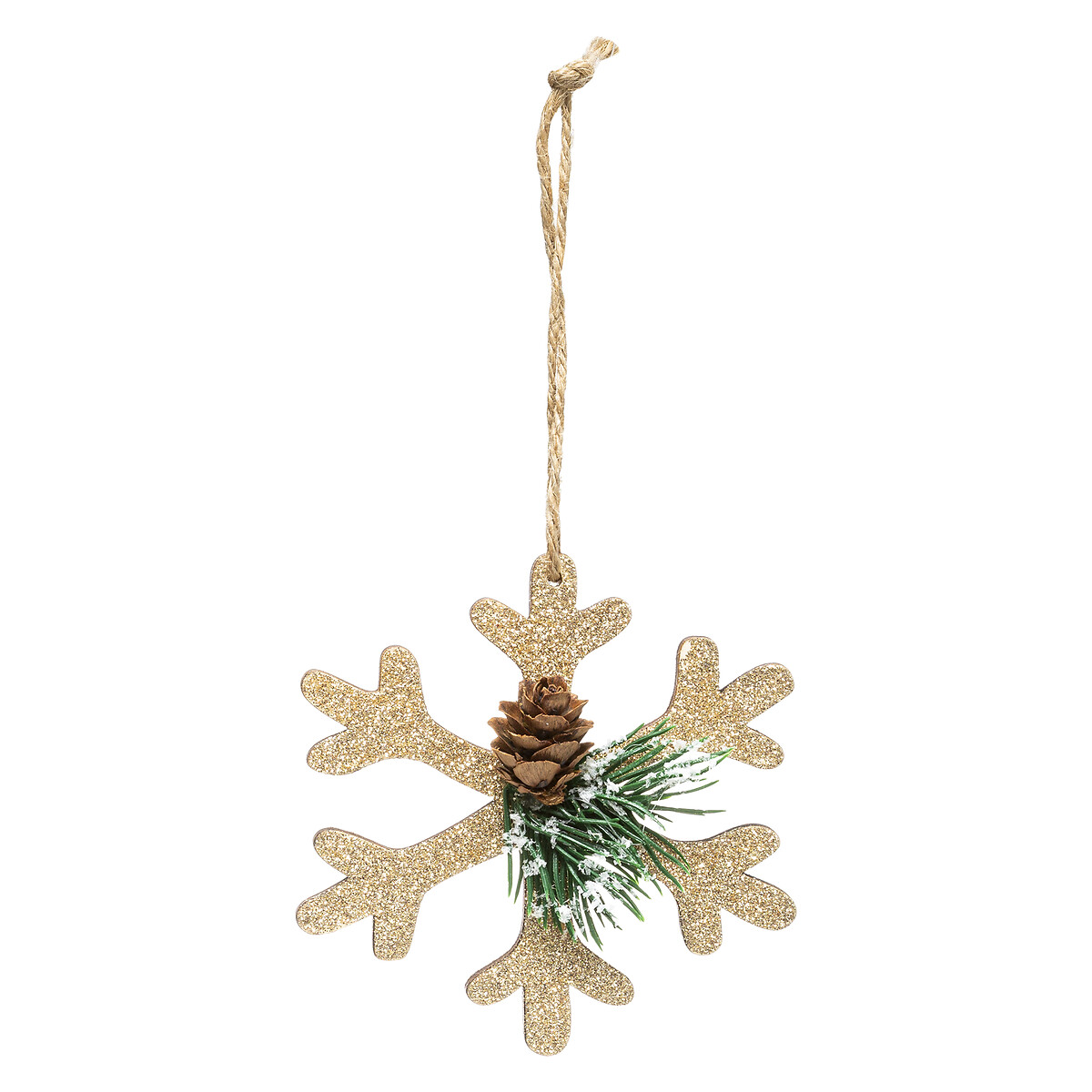 Floco de neve dourado com ramo e pinha