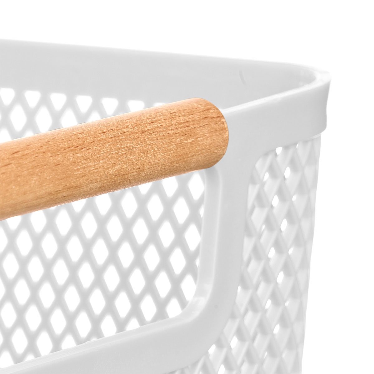 Cesto branco com pega em bambu 27,5x18cm