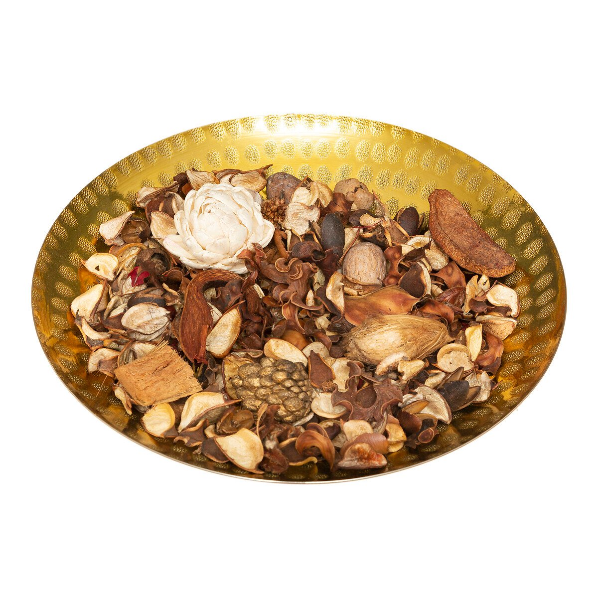 Pot-pourri jasmim com prato de metal dourado