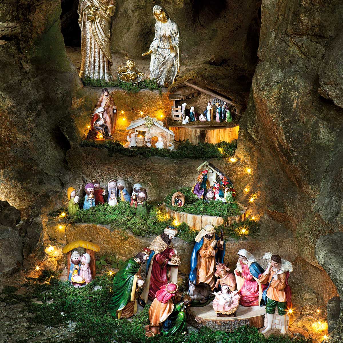 Pres&eacute;pio cabana luminosa com 5 figuras