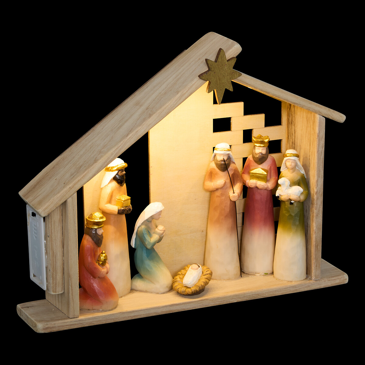 Pres&eacute;pio com cabana led e 8 figuras 30x6x24cm