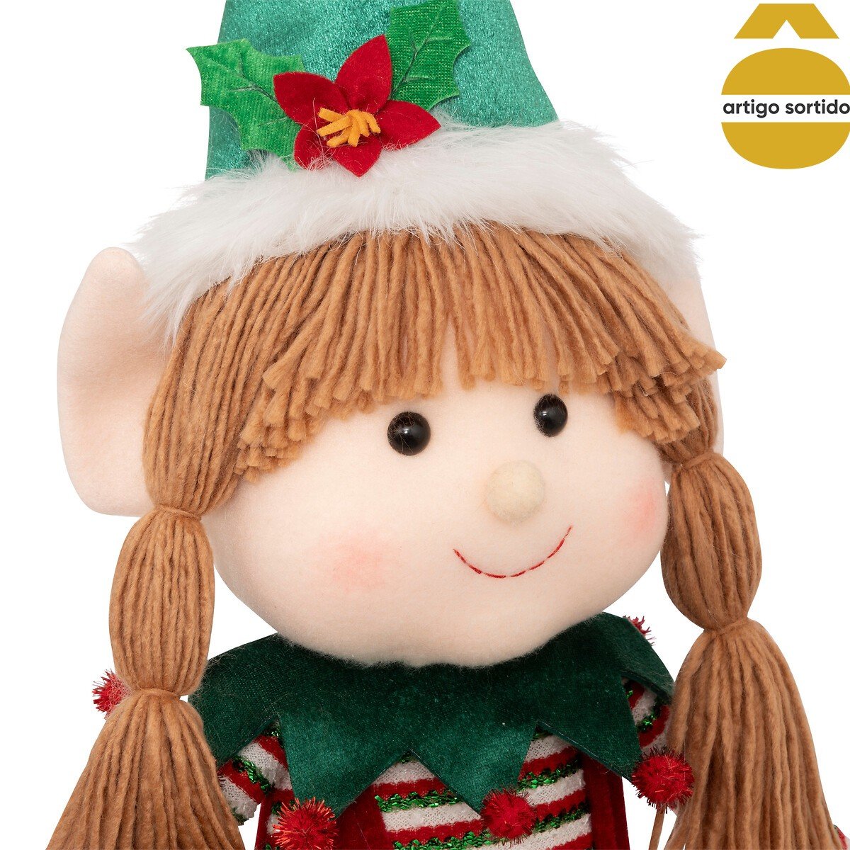 Figura elfo extensível com coroa/presente 95cm,  Figura elfo extensível com coroa/presente 95cm