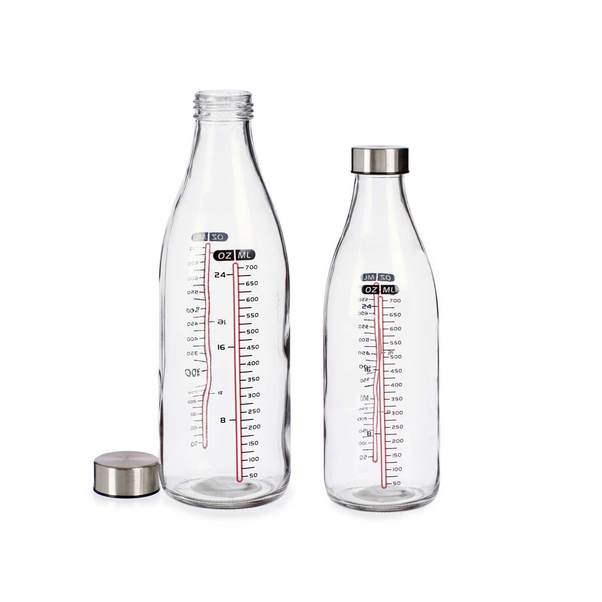 Garrafa de vidro medidora com tampa em aço 1l