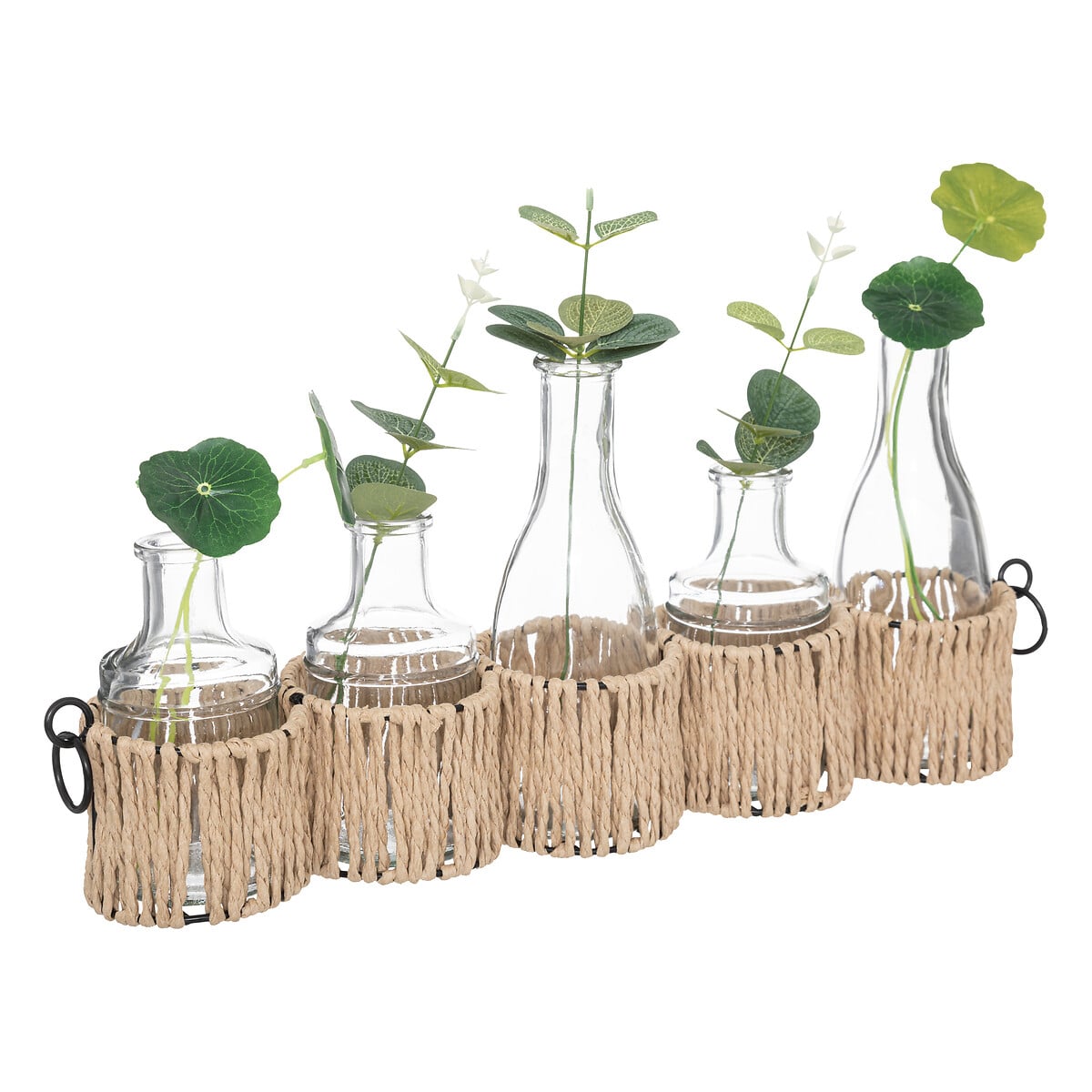 Conjunto de 5 jarras de vidro com plantas artificiais