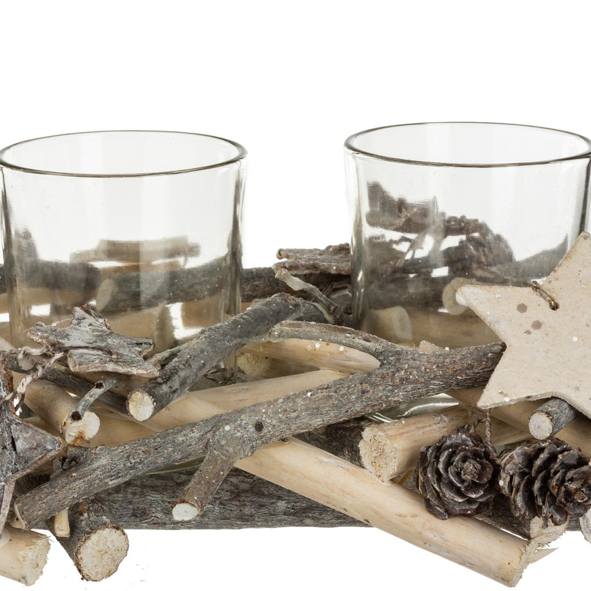 Casti&ccedil;al para 4 tealights em madeira e vidro