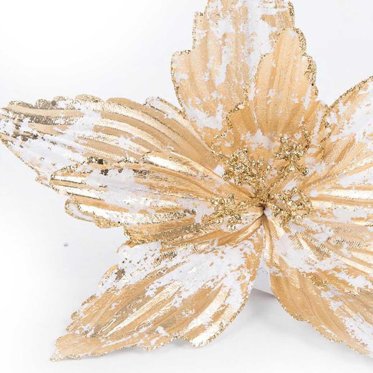 Flor natalícia dourada com pinça 23cm,  Flor natalícia dourada com pinça 23cm