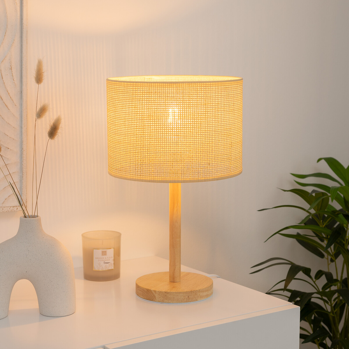 Candeeiro De Mesa Della Bege Em Pinho E Palhinha