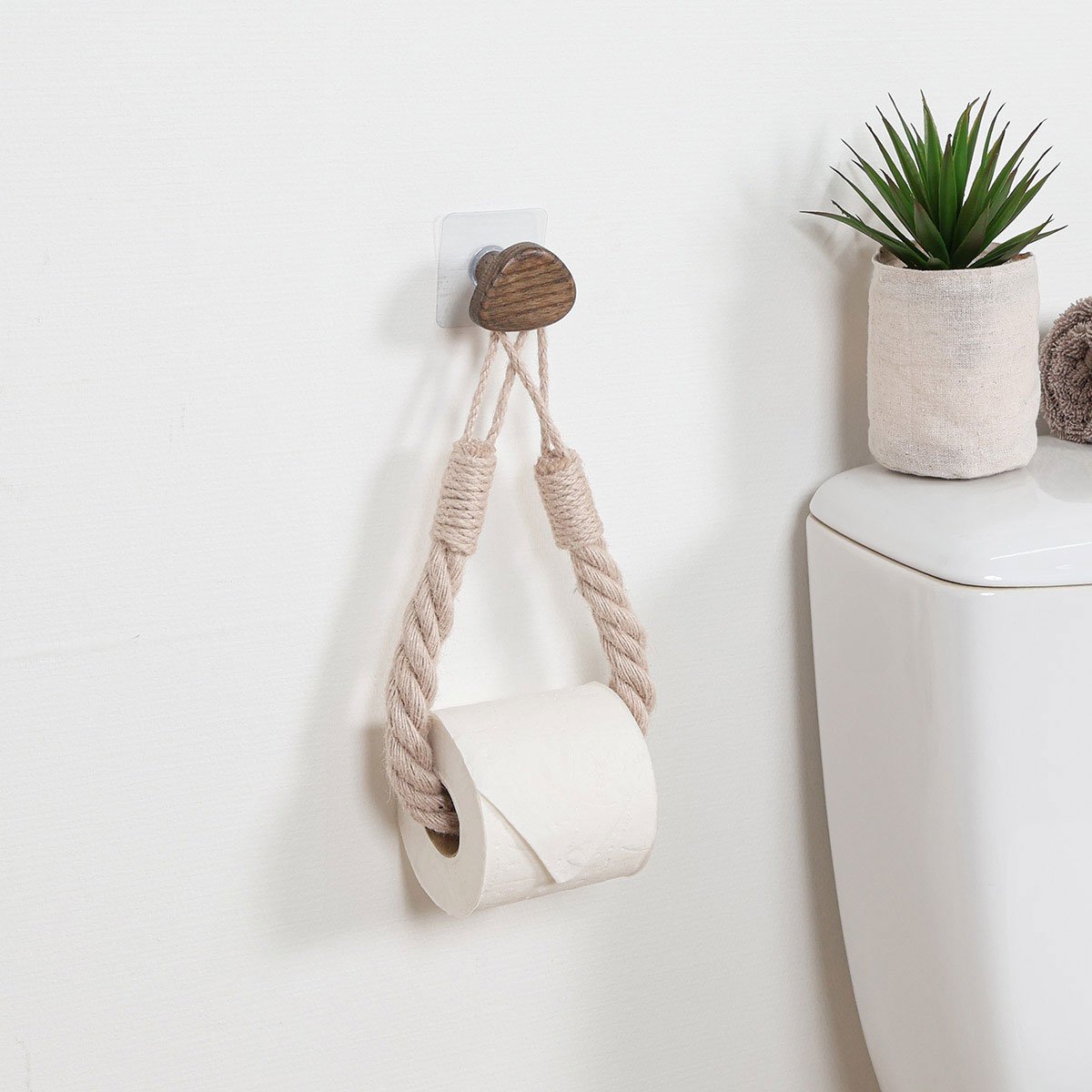 Toalheiro/Porta rolos bege em madeira e corda
