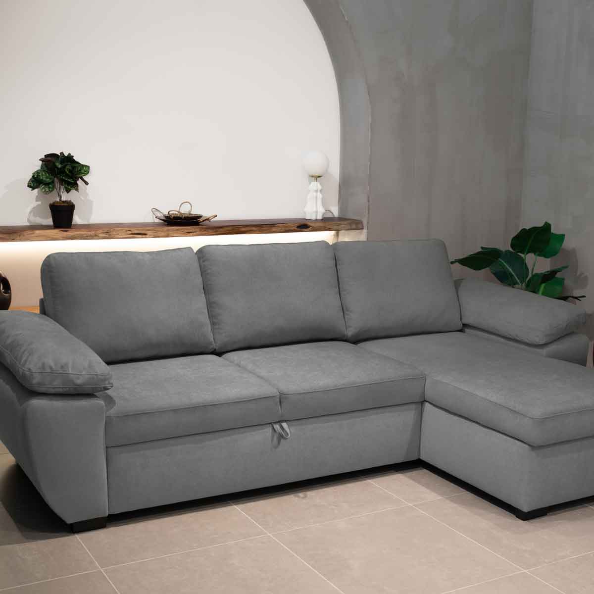 Sof&aacute; cama DRESDEN com cofre e chaise longue cinza