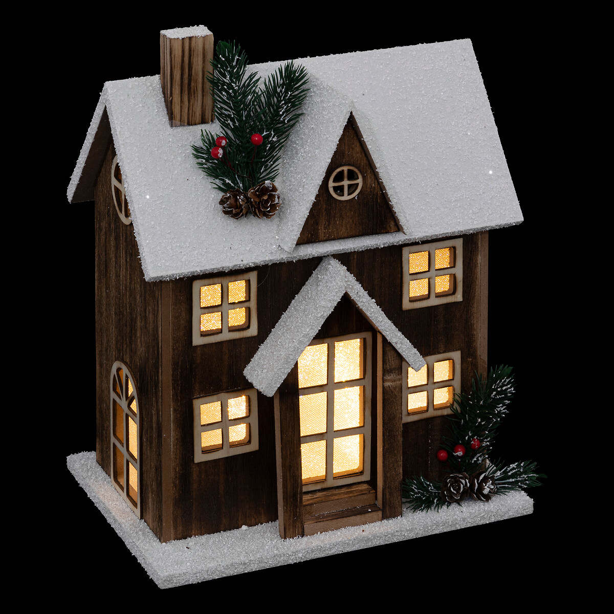 Casinha de madeira com neve e led