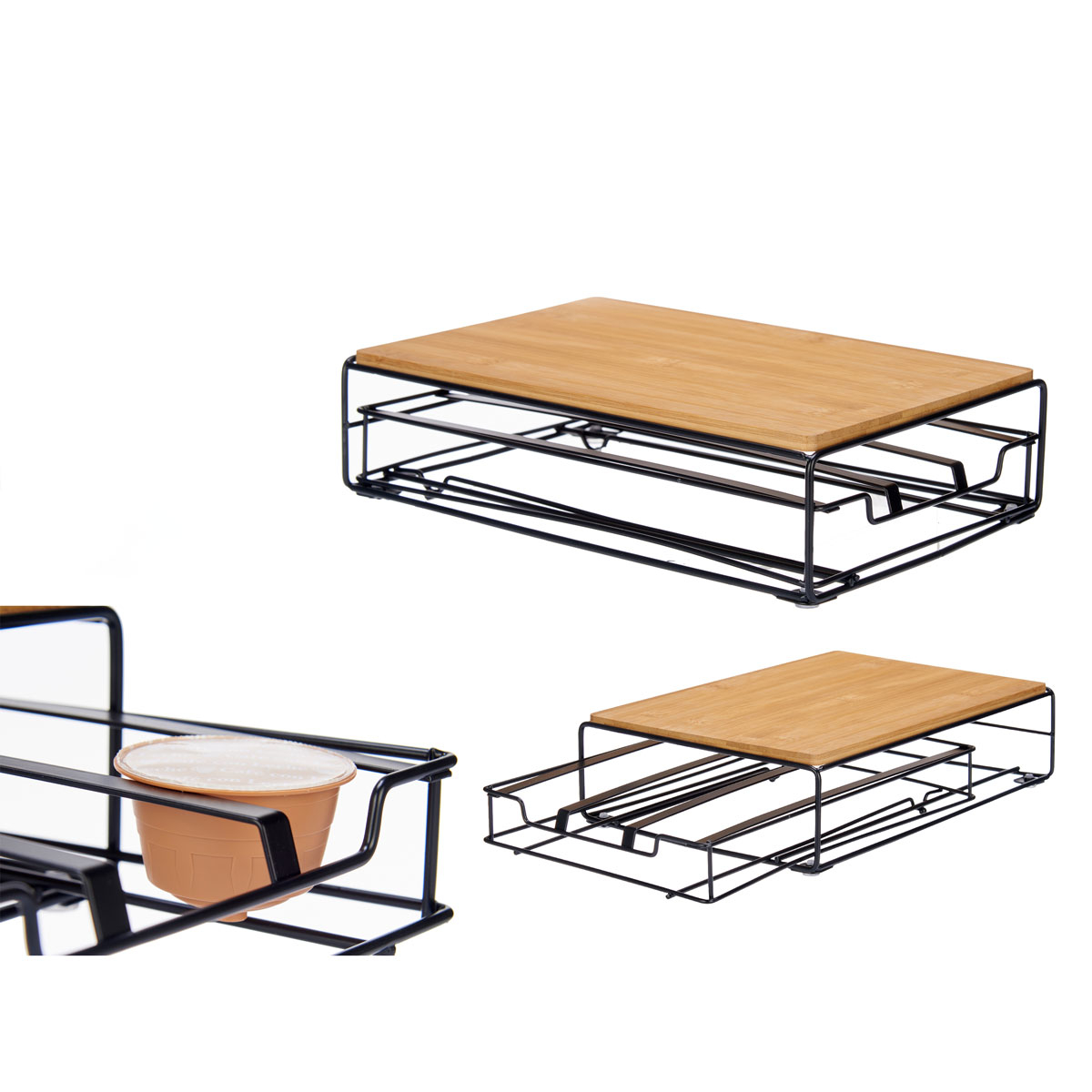 Suporte para 15 c&aacute;psulas em metal e bambu