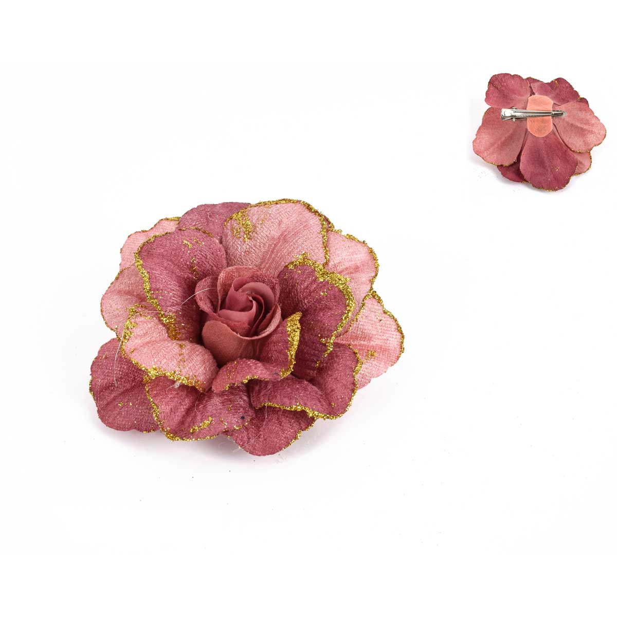 Flor rosa com pinça 11cm,  Flor rosa com pinça 11cm