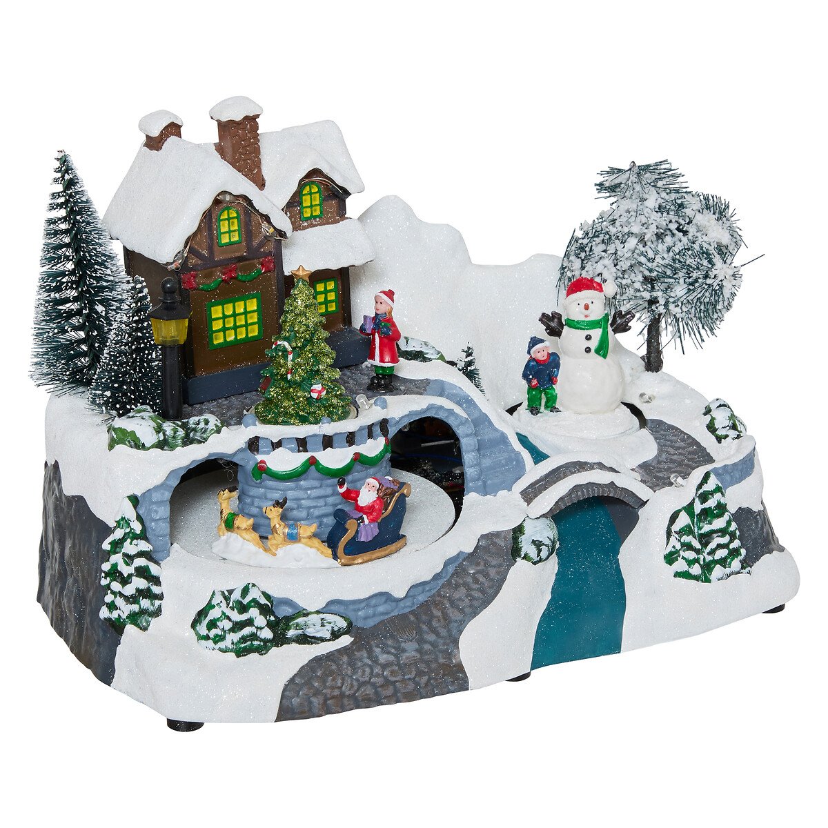 Aldeia luminosa com casa e pai natal