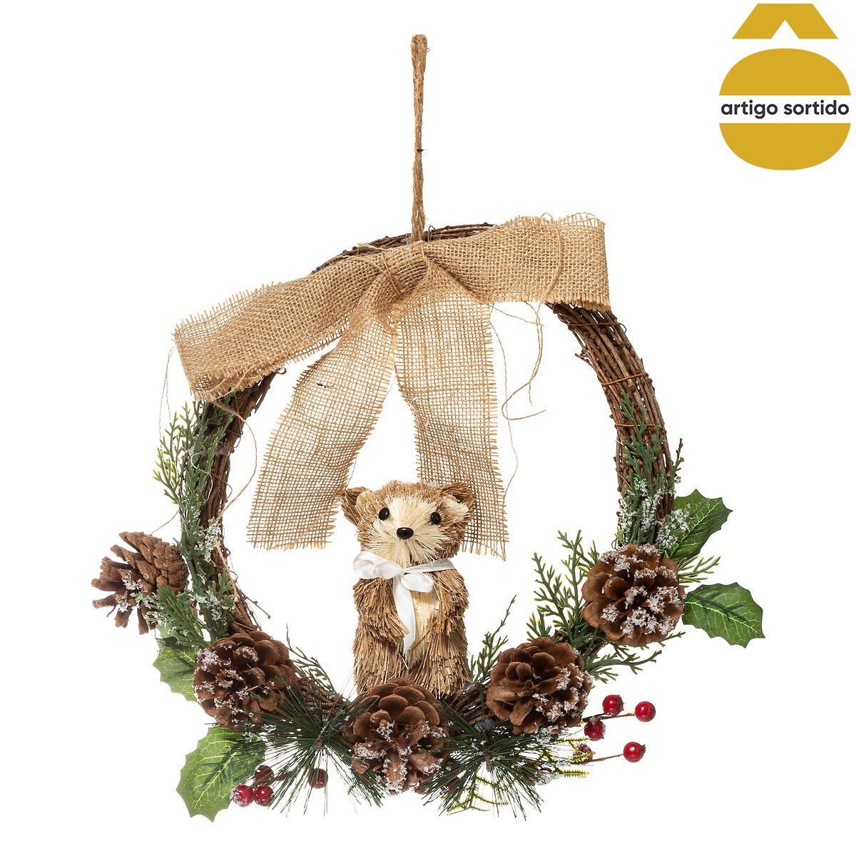 Coroa natalícia com animal e pinhas 32cm