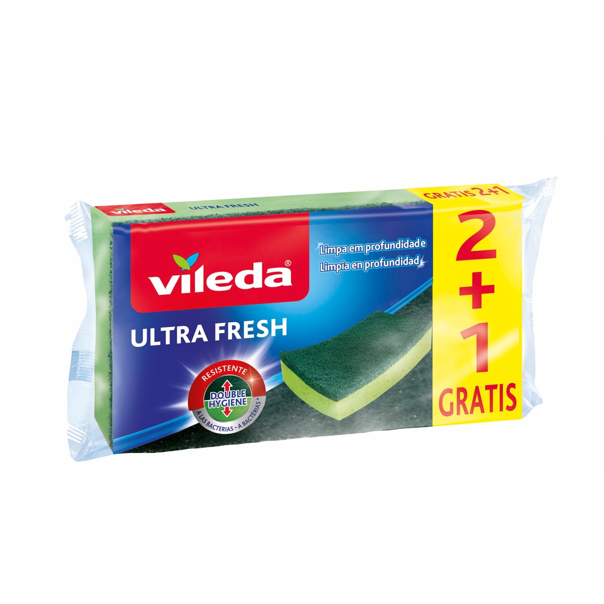 Esfreg&atilde;o com esponja ultra fresh antibact&eacute;rias 2+1 VILEDA