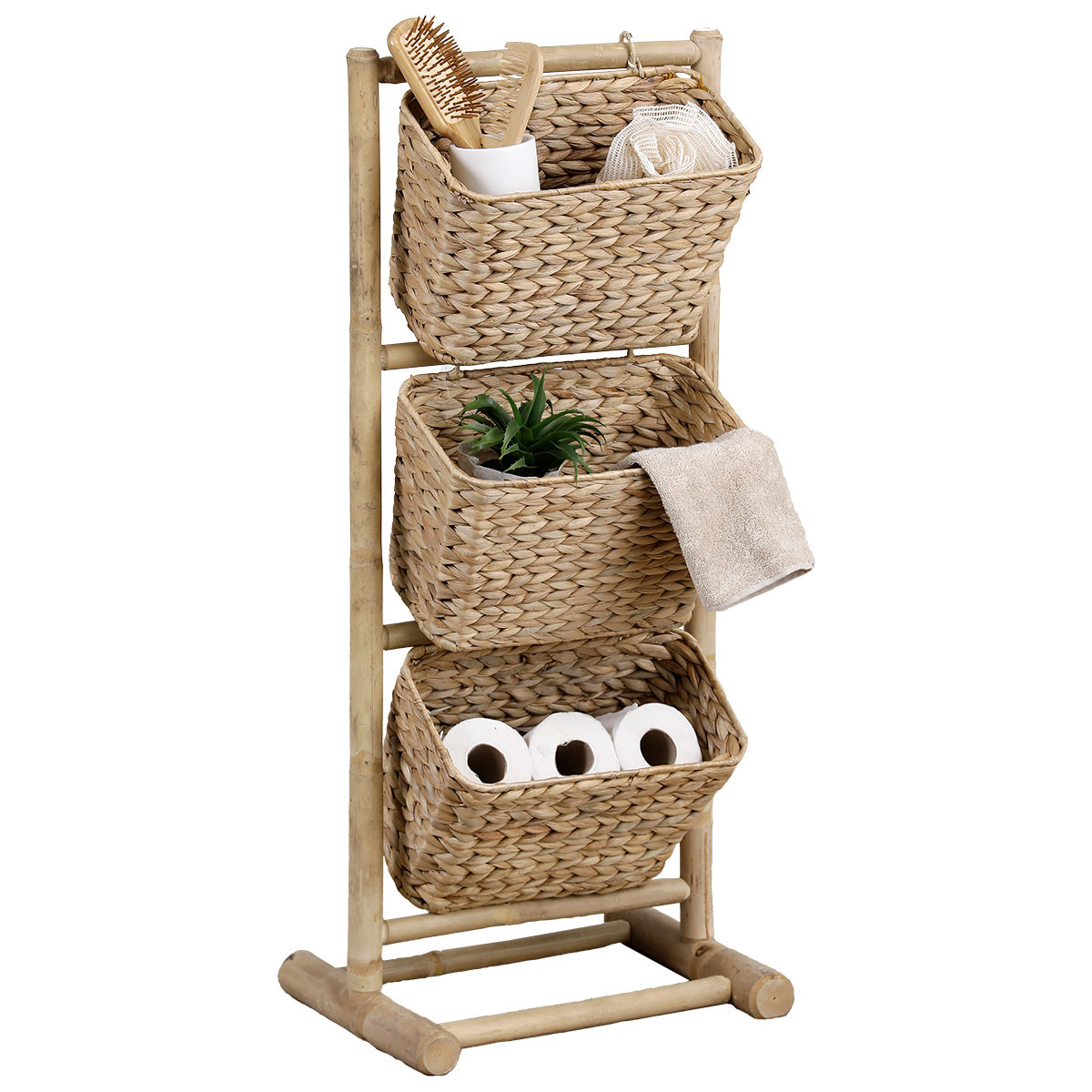 Prateleira wc em bambu com 3 cestos de jacinto