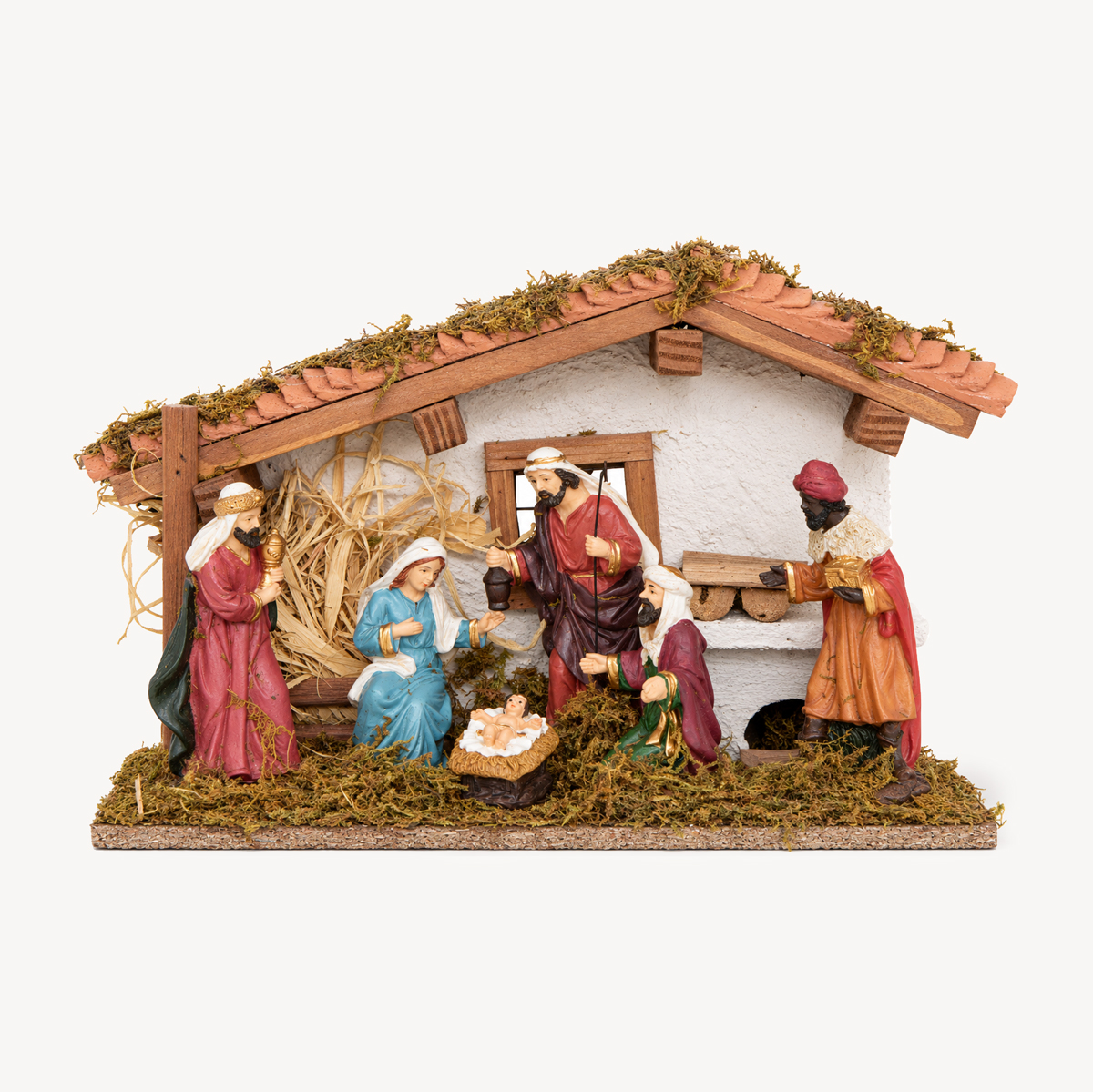 Pres&eacute;pio com cabana e 6 figuras 30x13x19cm