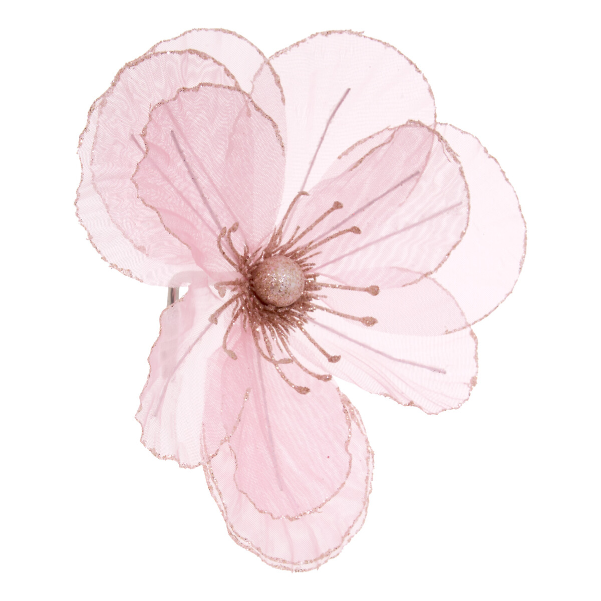 Flor magn&oacute;lia brilhante rosa com pin&ccedil;a 24cm