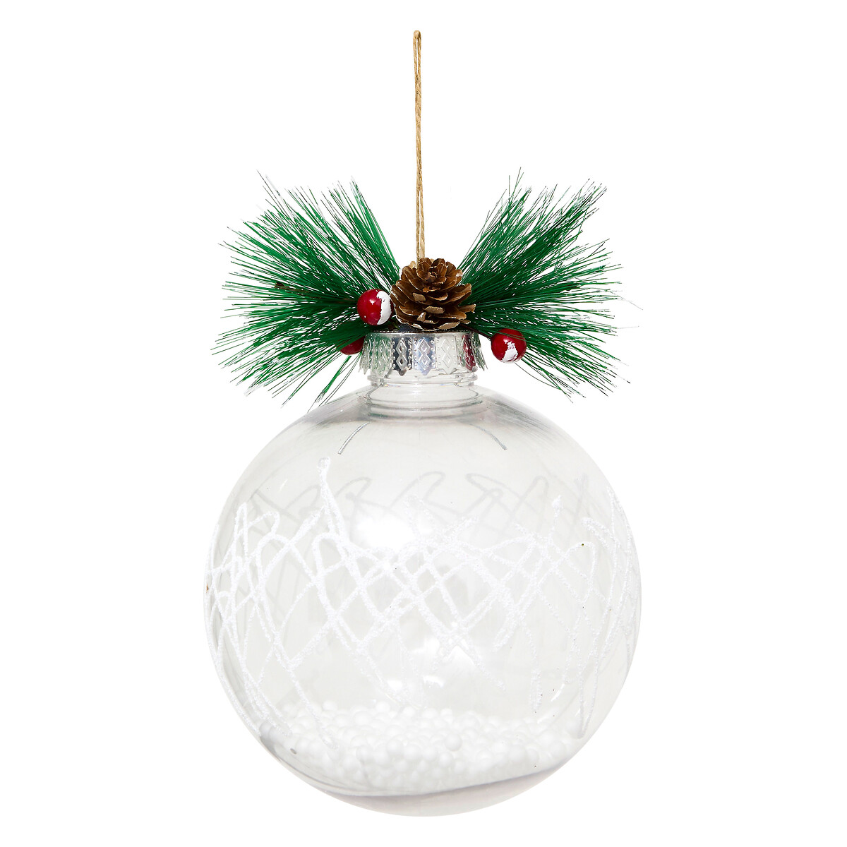 Bola de natal com azevinho e neve 15cm