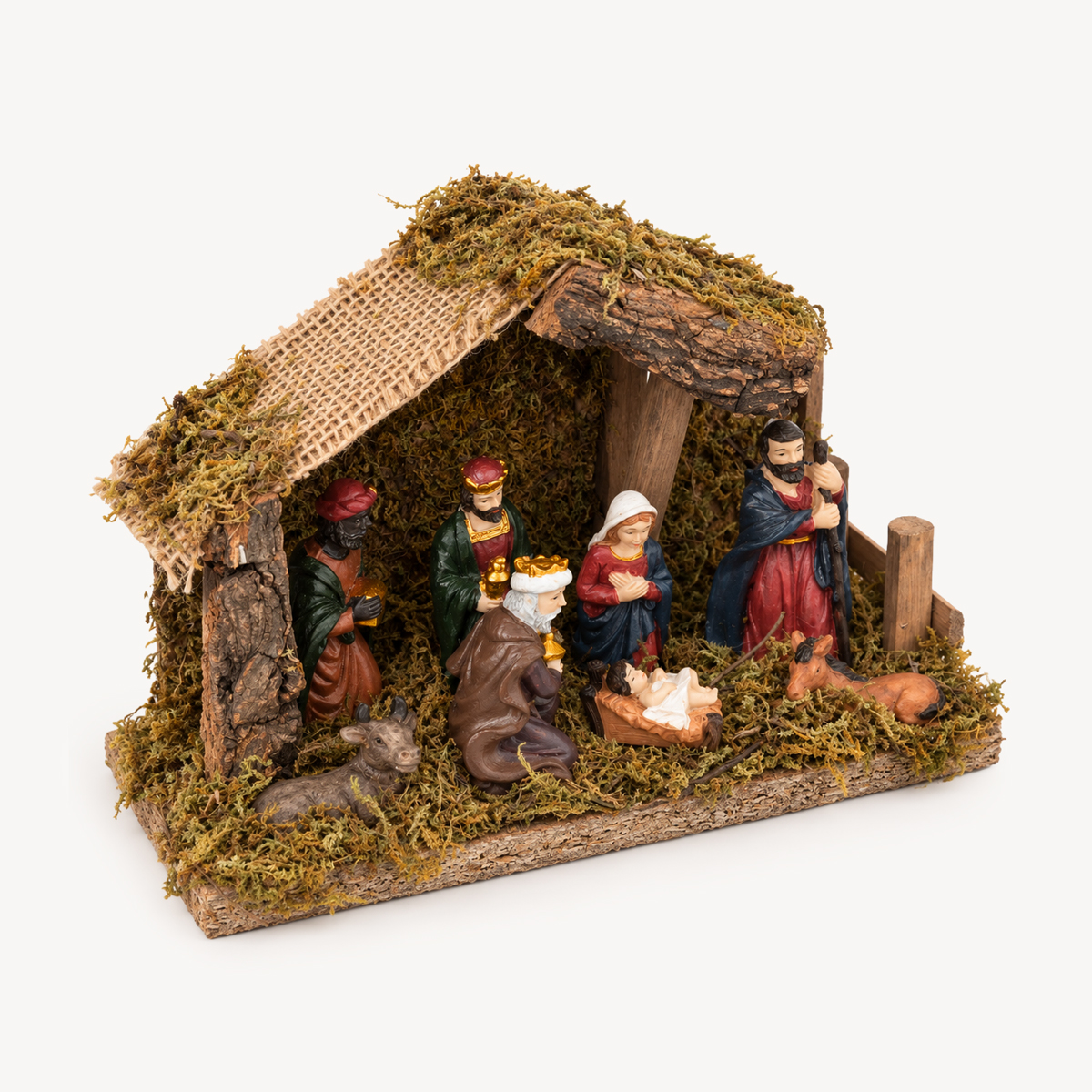 Pres&eacute;pio cabana com 7 figuras e led