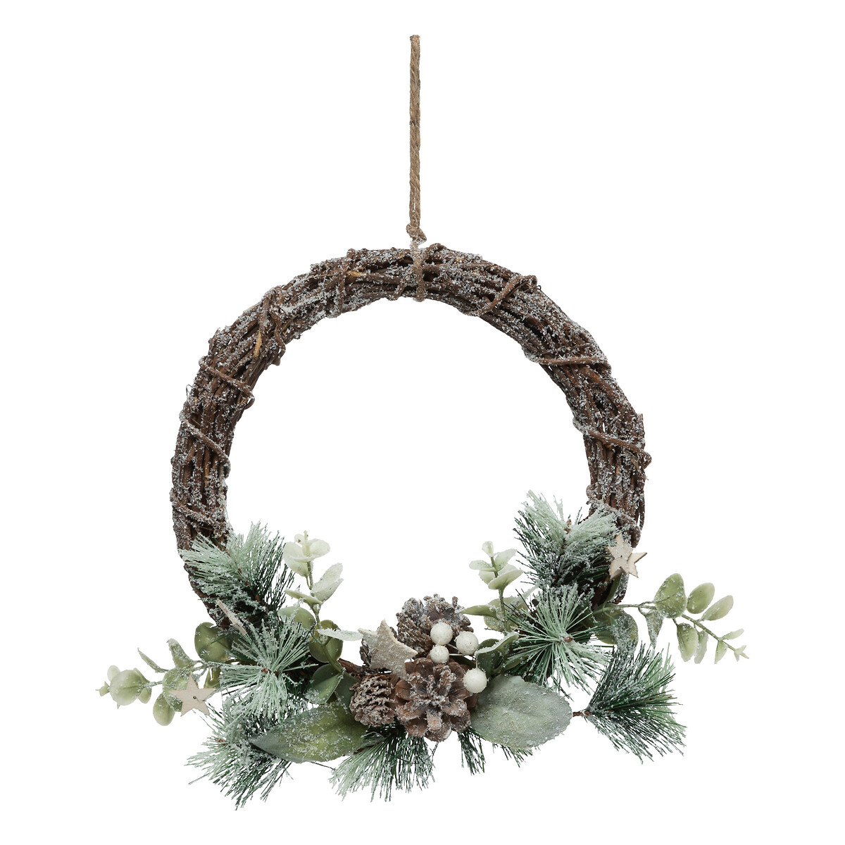 Coroa feita de ramos com bagas, pinhas e folhas 27cm