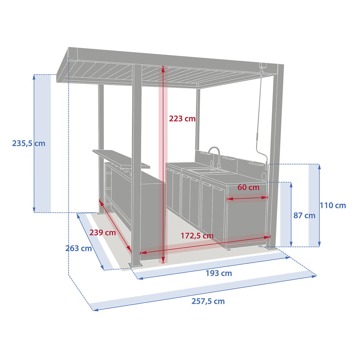 Cozinha exterior com p&eacute;rgola OXYANA cinzento