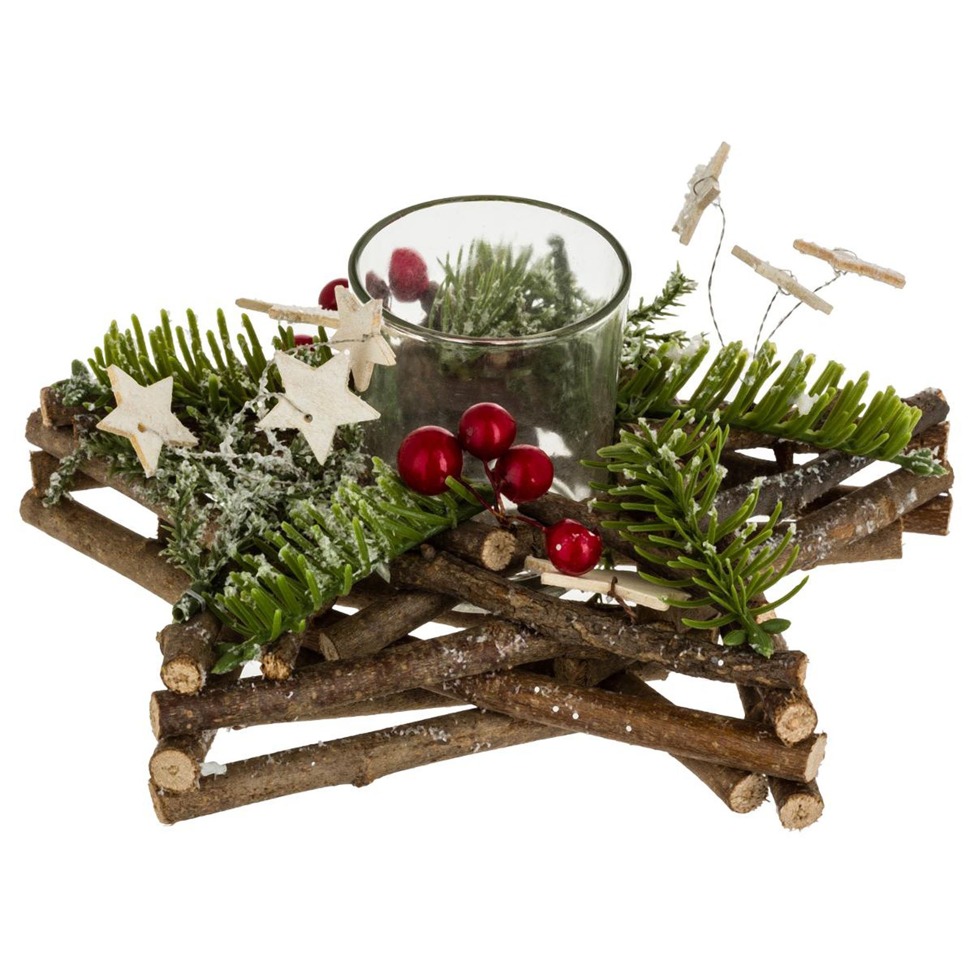 Castiçal estrela decorado em madeira e vidro,  Castiçal estrela decorado em madeira e vidro