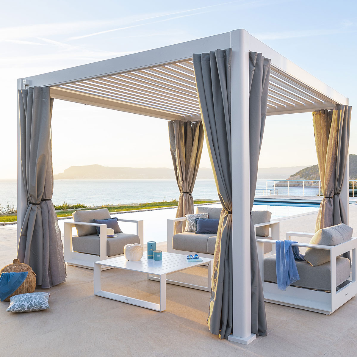 Cortinas e mosquiteiras para pérgola ÉVORA branco 3,6x3,6m,  Cortinas e mosquiteiras para pérgola ÉVORA branco 3,6x3,6m