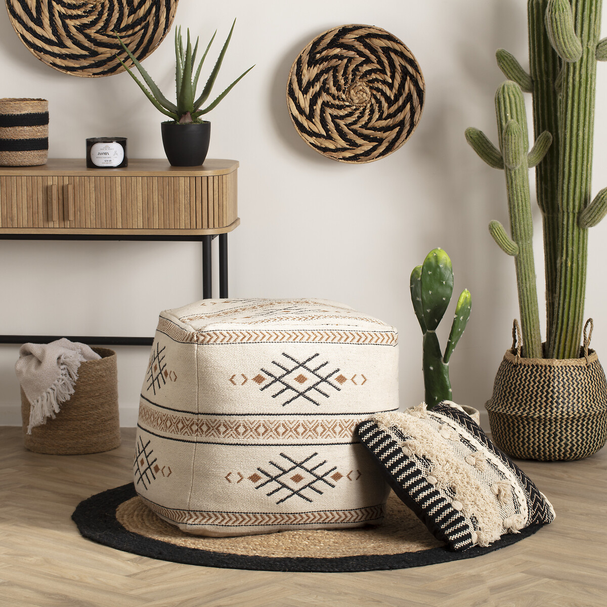 Cesto seagrass preto e natural com pegas 35cm