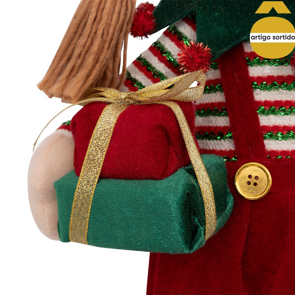 Figura elfo extensível com coroa/presente 95cm,  Figura elfo extensível com coroa/presente 95cm