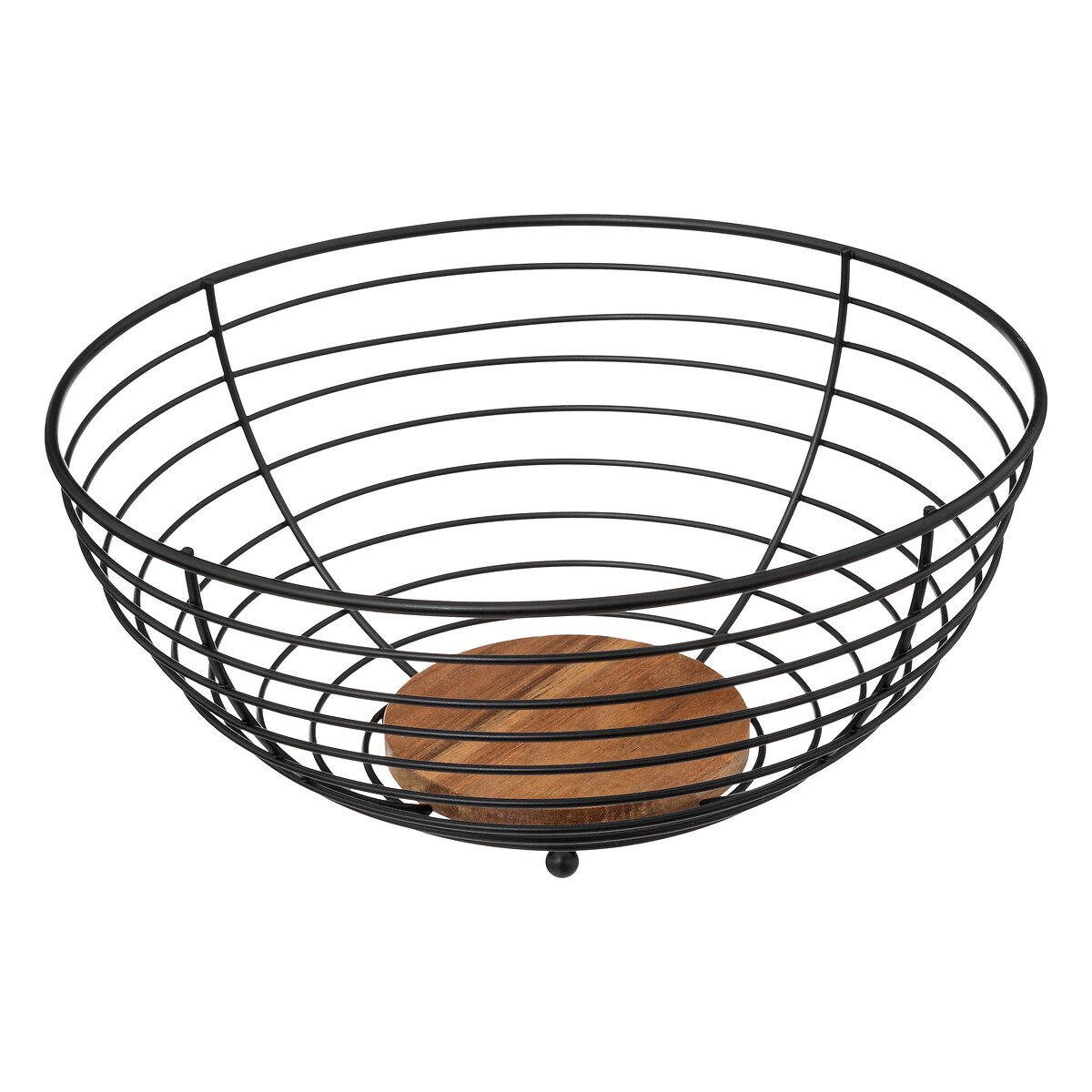 Fruteira preta em metal e madeira acácia 28cm