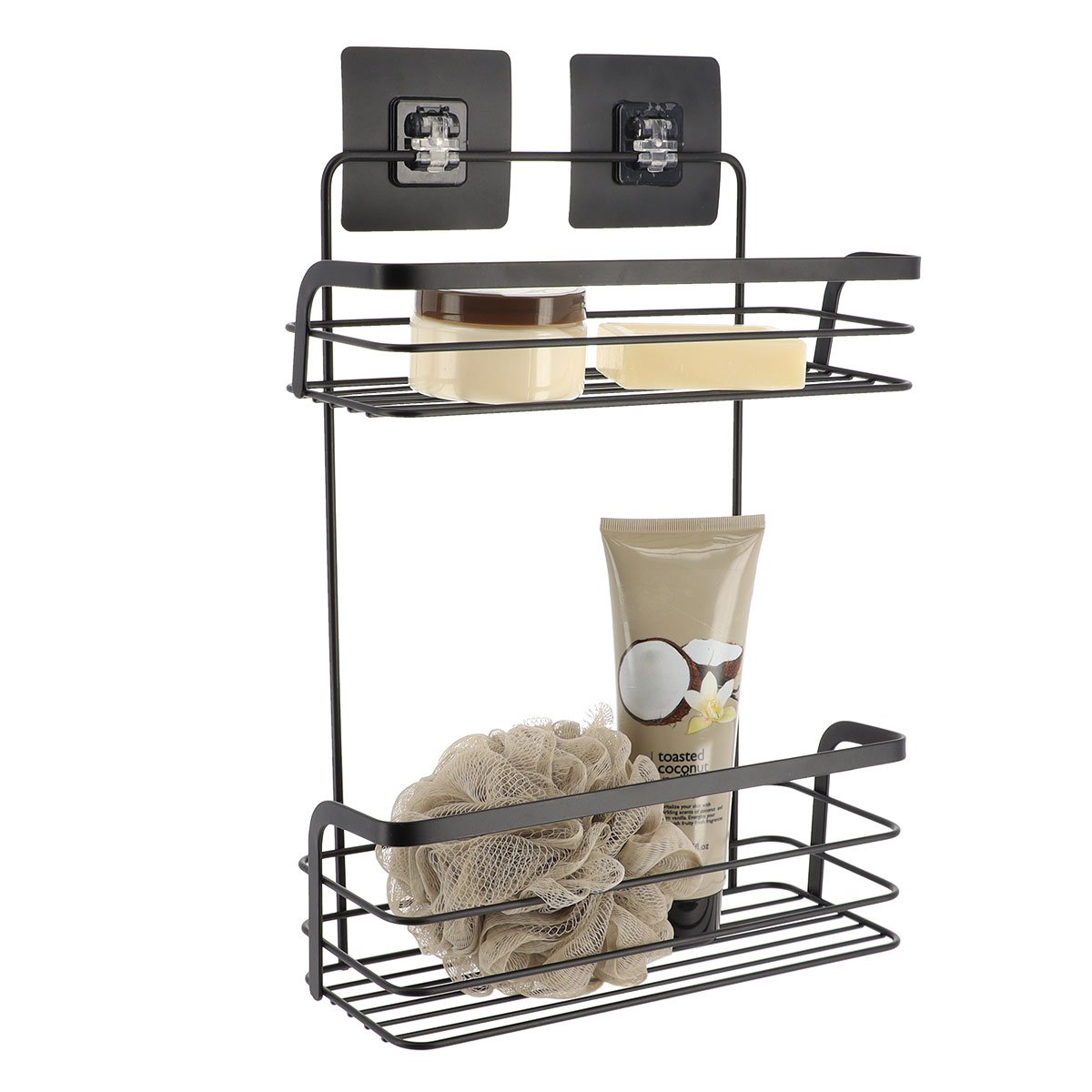Prateleira wc preto 2 n&iacute;vies em metal com adesivo