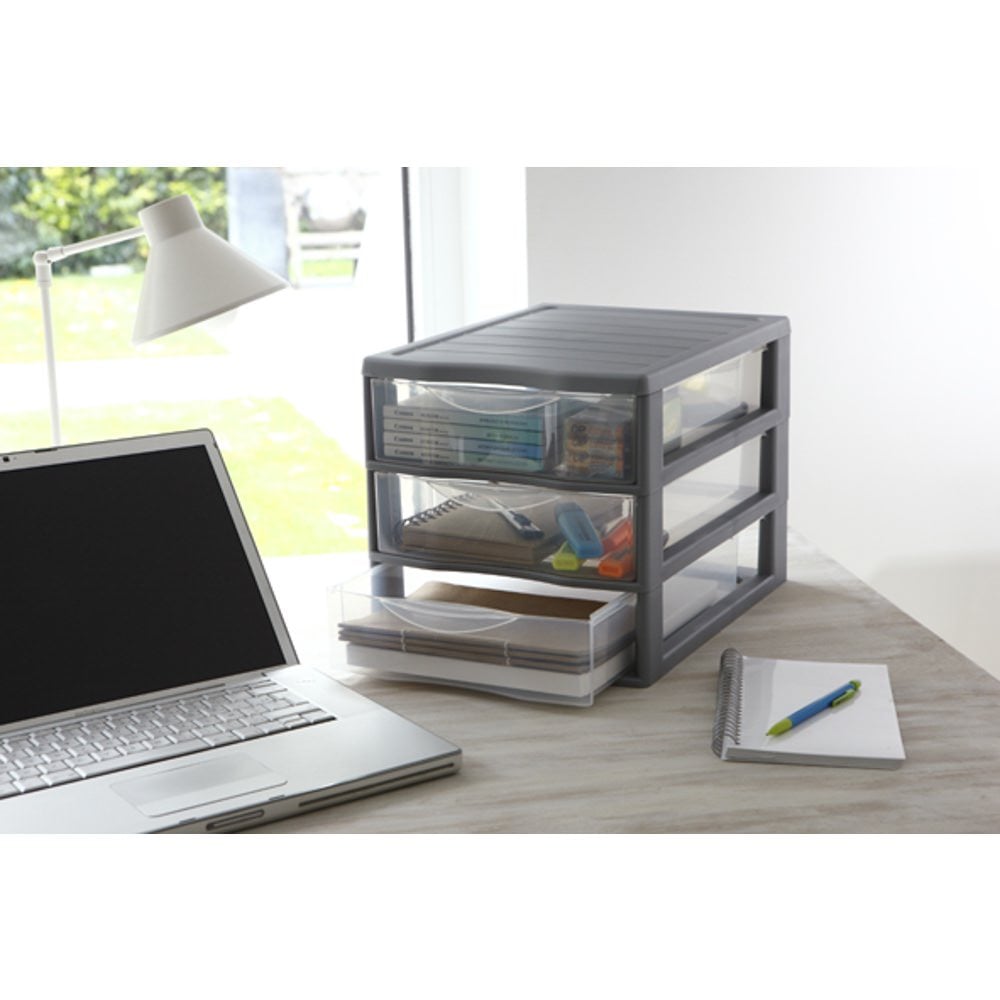 M&oacute;dulo de arruma&ccedil;&atilde;o cinza com 3 gavetas