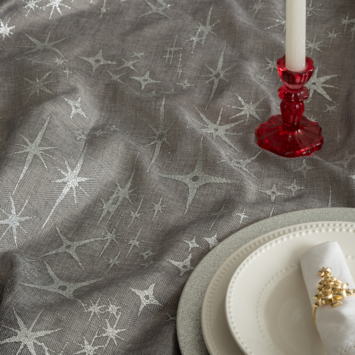 Toalha de mesa cinza decorada com estrelas 140x360cm