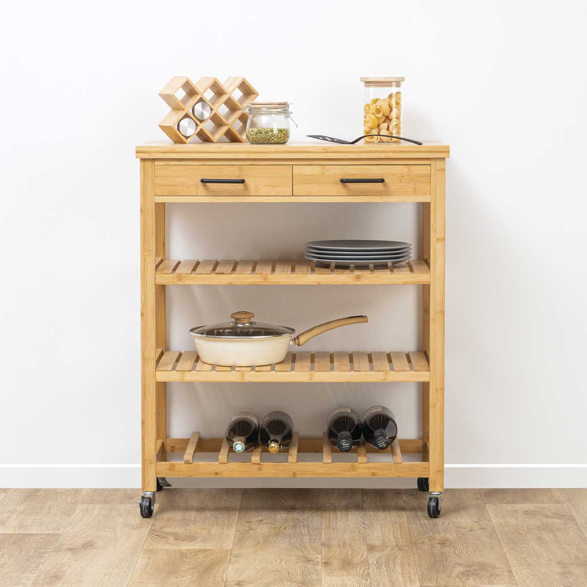 M&oacute;vel de apoio castanho em bambu com 3 prateleiras