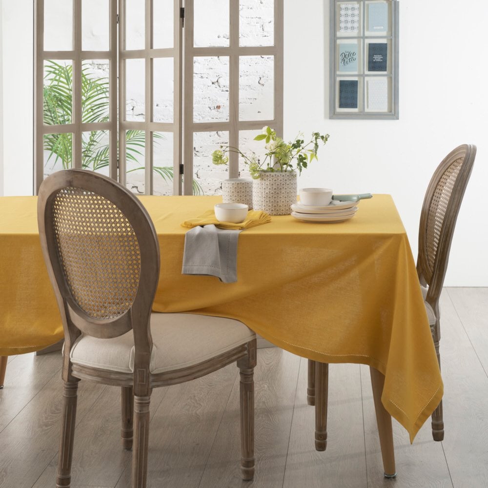 Toalha de mesa CHAMBRAY ocre em algod&atilde;o 140x240cm