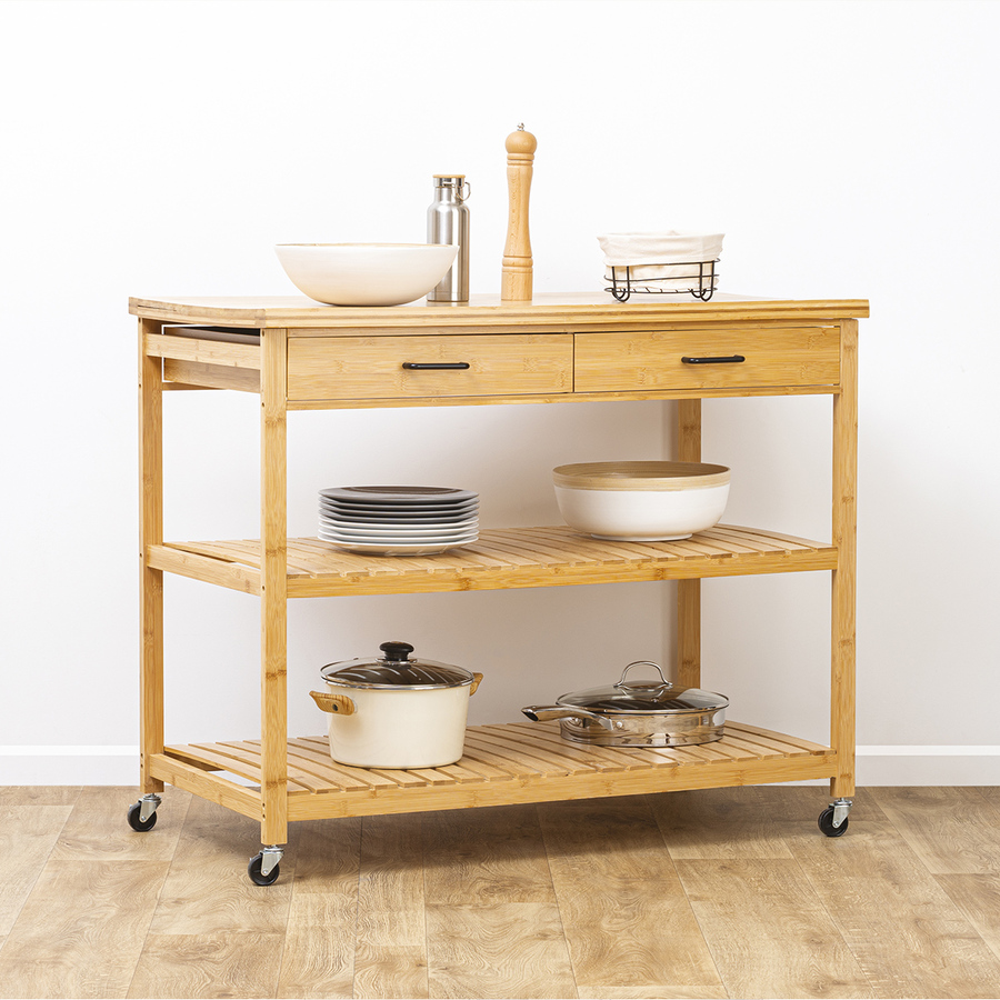 M&oacute;vel de apoio com 2 prateleiras e 2 gavetas em bambu