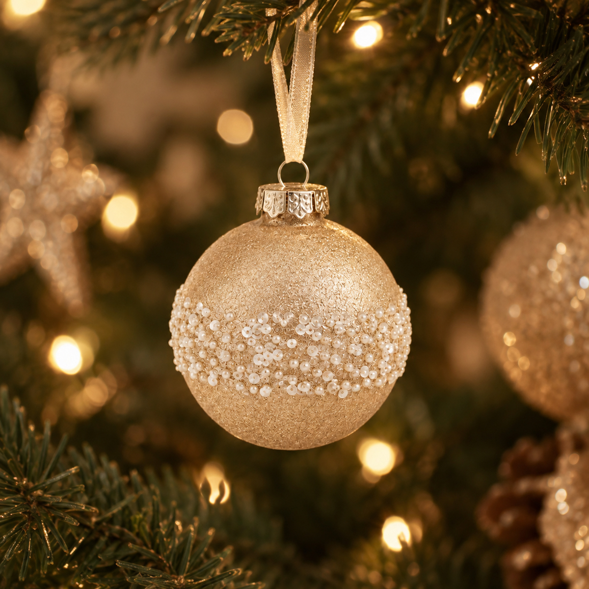 Bola de natal com mini p&eacute;rolas 10cm
