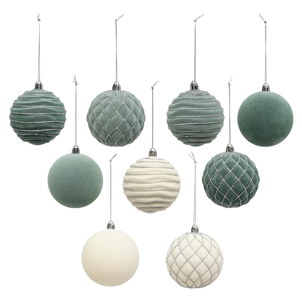 Conjunto de 9 bolas branco e verde 8cm