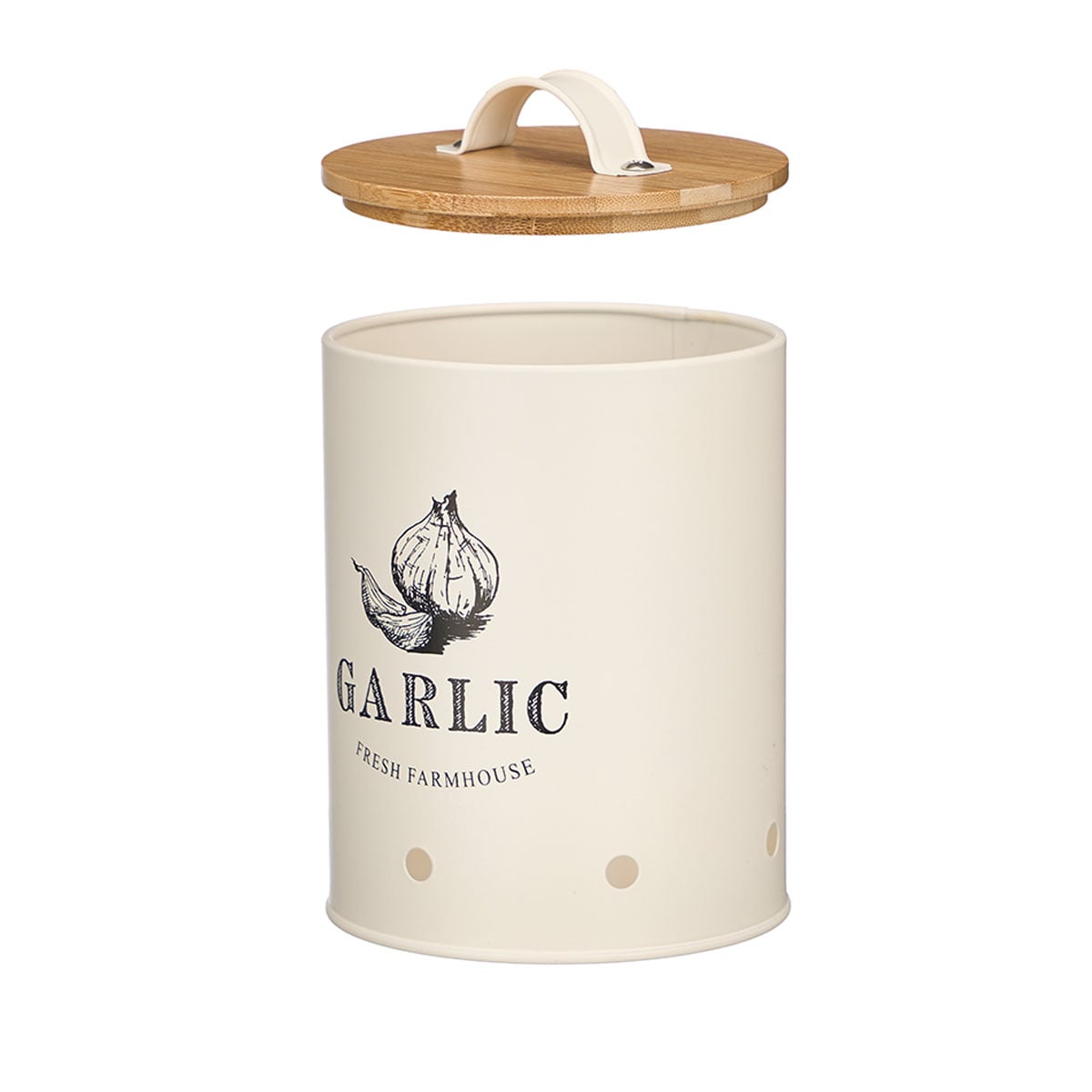 Lata para alhos creme de metal com tampa bambu