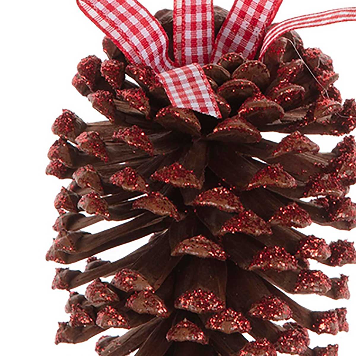 Pinha decorativa em madeira com fita vermelha