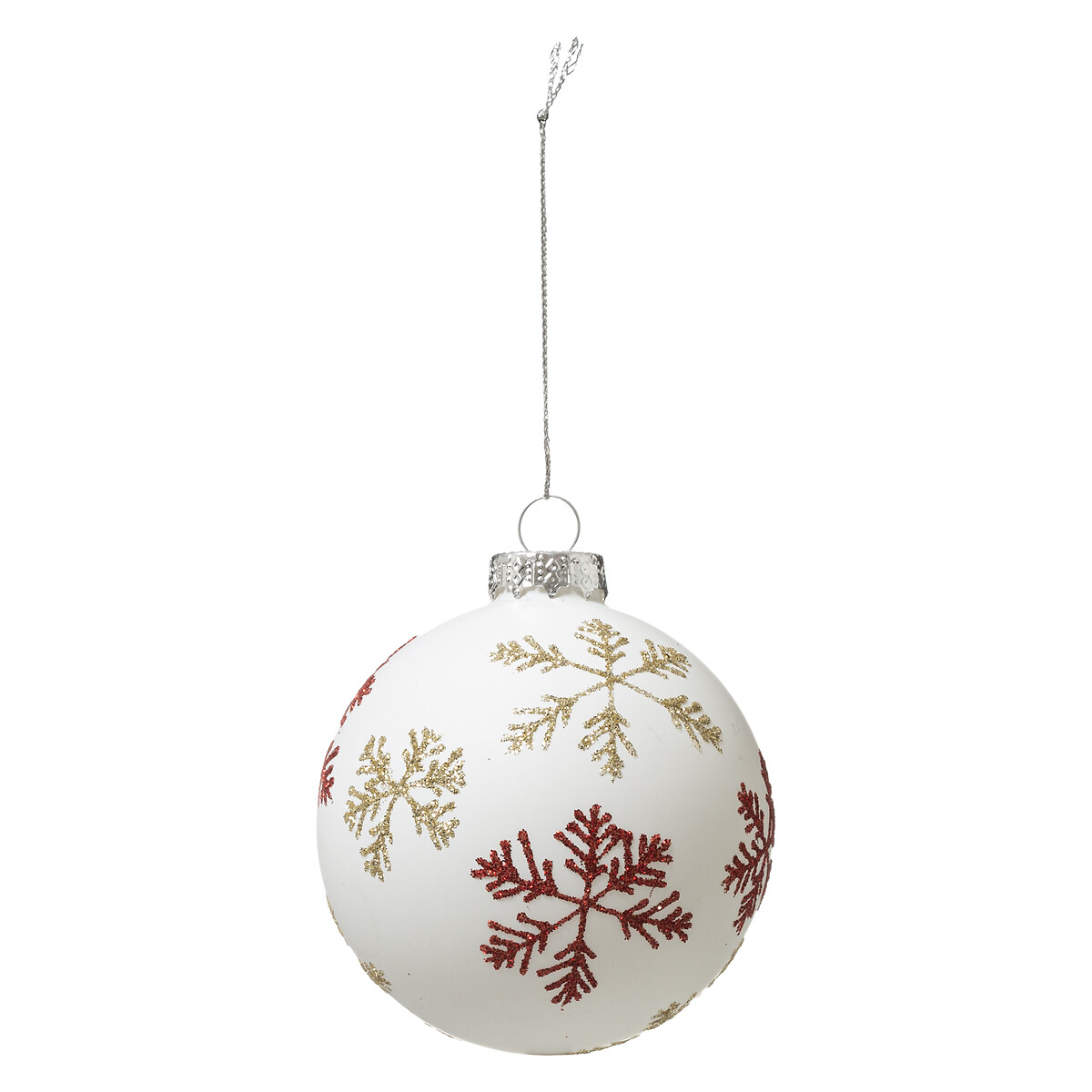 Bola branca em vidro com flocos de neve