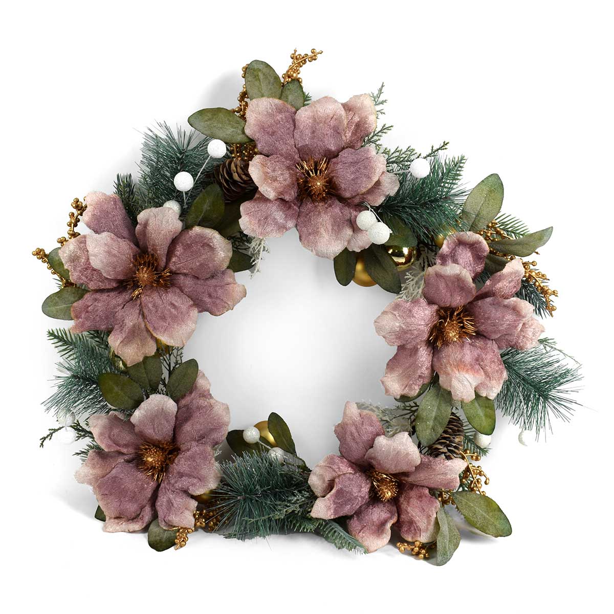 Coroa com ramos e flores rosa 60cm,  Coroa com ramos e flores rosa 60cm