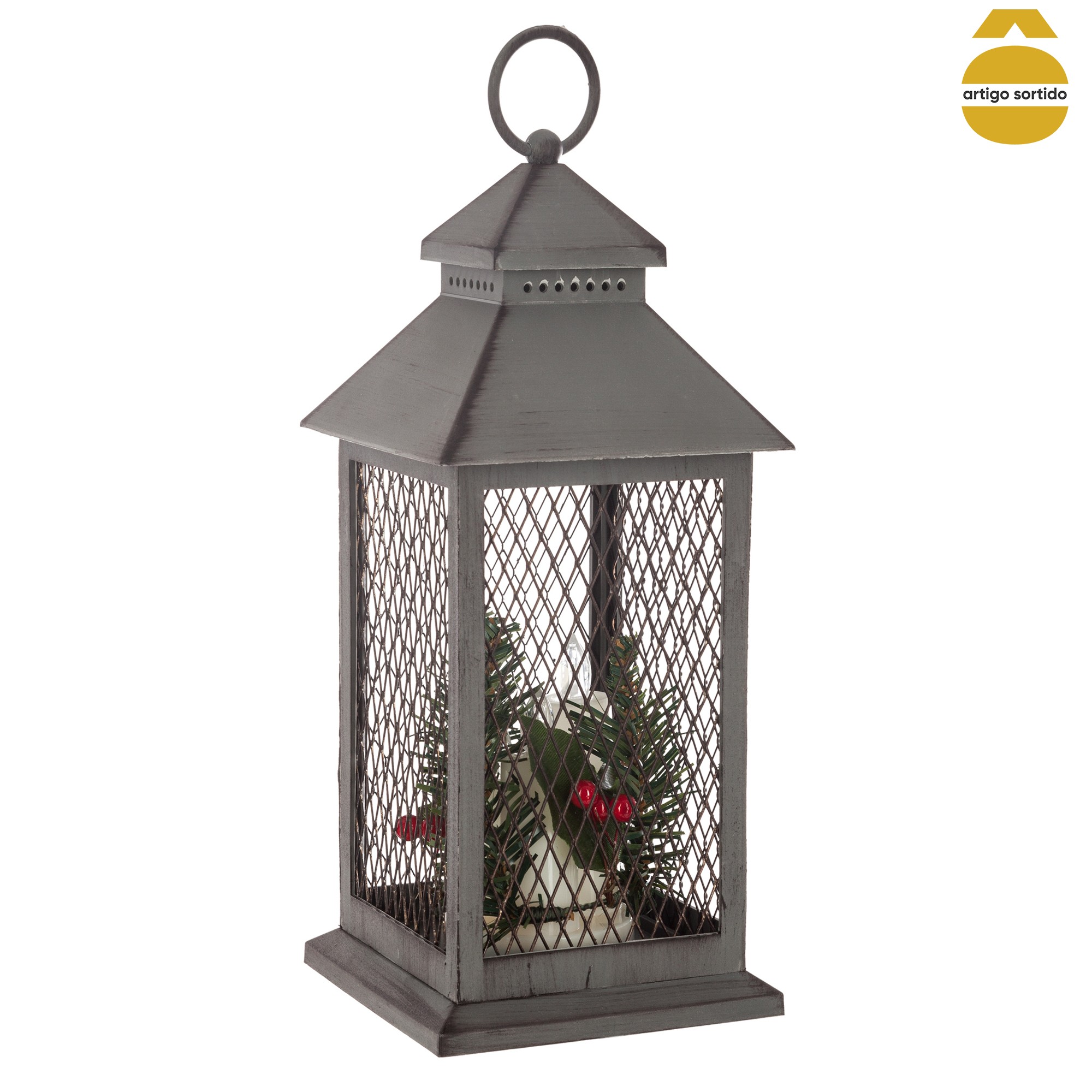 Lanterna com vela e led 31cm