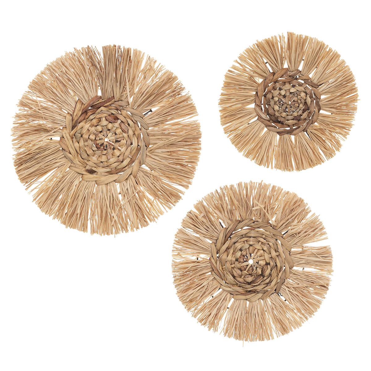 Conjunto de 3 bases decorativas redondas em ráfia,  Conjunto de 3 bases decorativas redondas em ráfia