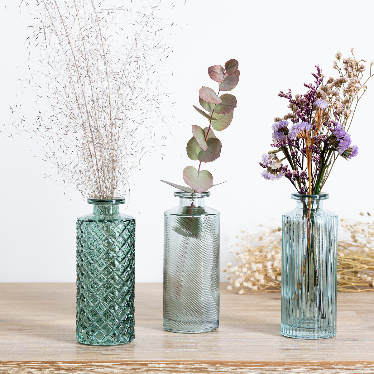 Conjunto de 3 jarras ESTRIADO verde em vidro