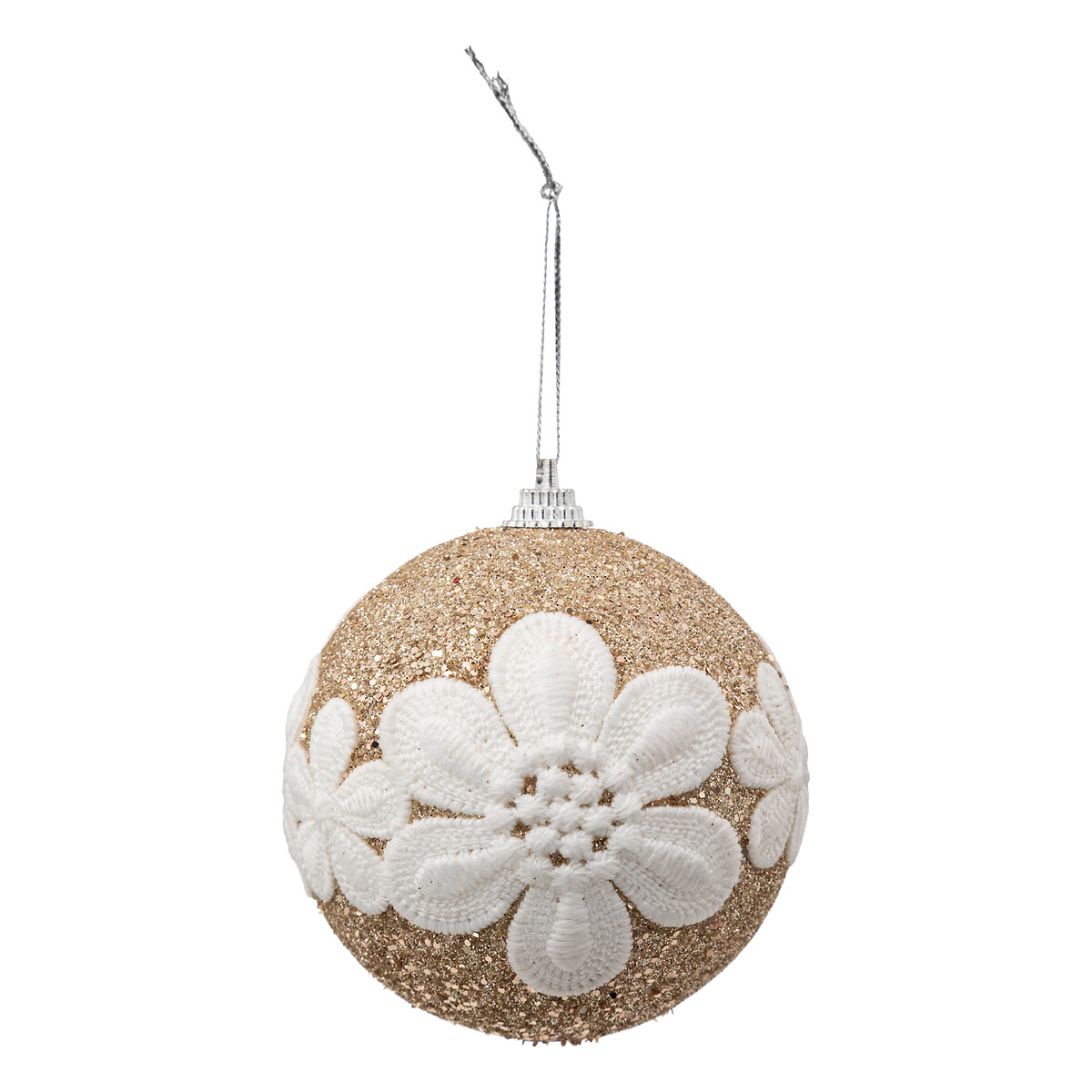 Pendurante bola dourada com flor de renda 8cm